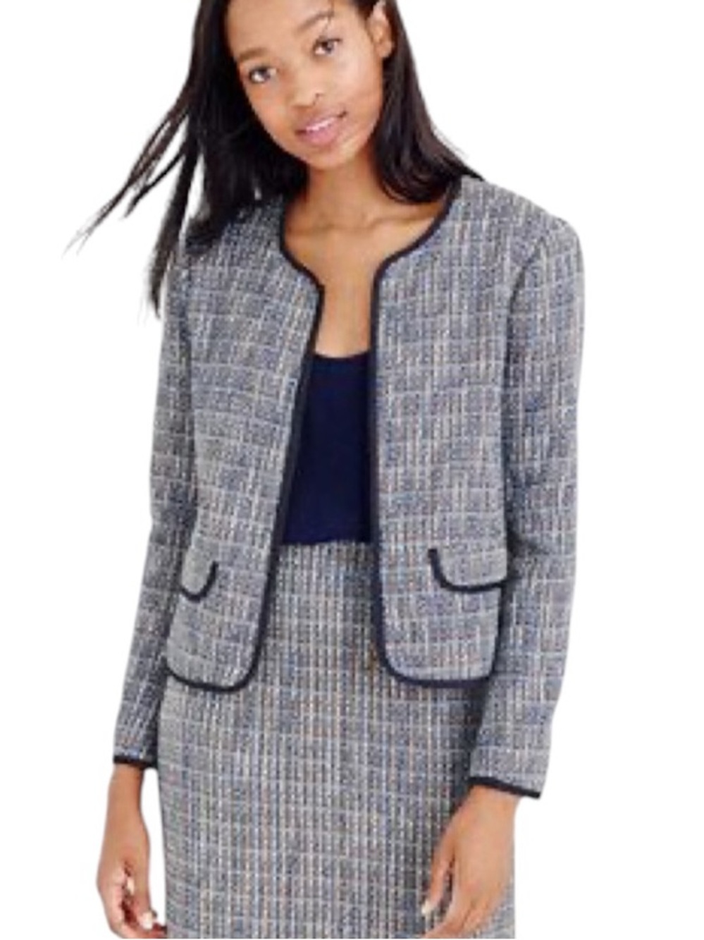 J. Crew Flecked Tweed Blue & Tan Zip Front Cropped Blazer Jacket - 10